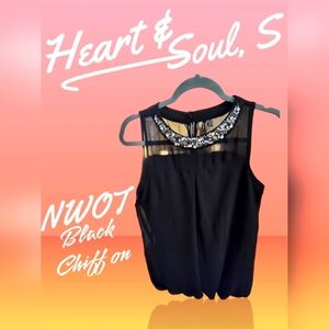 Heart Soul Black Chiffon Sleeveless Jeweled Neckline Blouse, S